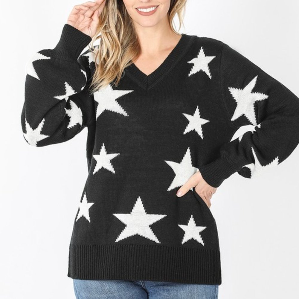 Casual Star Pattern V Neck Knit Sweater - Picture 2 of 5